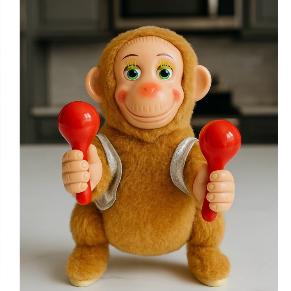 Vintage Mechanical Monkey Plush Toy with Maracas – Retro Collectible